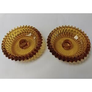 MCM 1950s vintage diamond point amber indiana glass Candle Holder Set Of 2